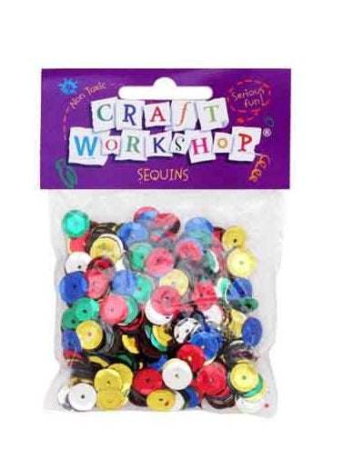 Vibrant 10mm multi-coloured sequins in a 25g pack, perfect for adding sparkle to crafts and decorations.
