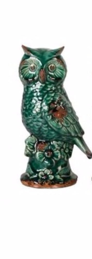 Ceramic Owl On Stump Ornament - Green