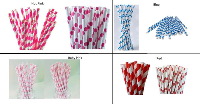 Pack of 100 vibrant hot pink paper straws in stripes and polkadots, eco-friendly for parties and celebrations.
