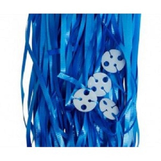 Blue balloon ribbon and seal pack with 50 pre-cut units for easy and secure balloon decorating at any event.