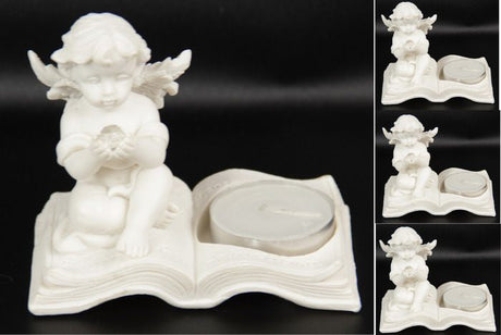 Set of 4 elegant cherub sculptures on books with tealight candles, perfect for enhancing home decor and creating a warm ambiance.