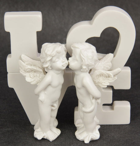 Cherub couple kissing in front of the word 'LOVE', a romantic sculpture perfect for home decor and special gifts.