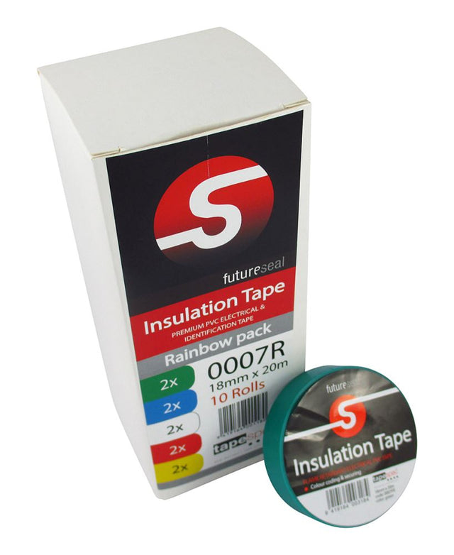 Colorful PVC electric insulation tape rolls in a 10-pack, ideal for wire insulation and DIY projects, 18mm x 20m each.