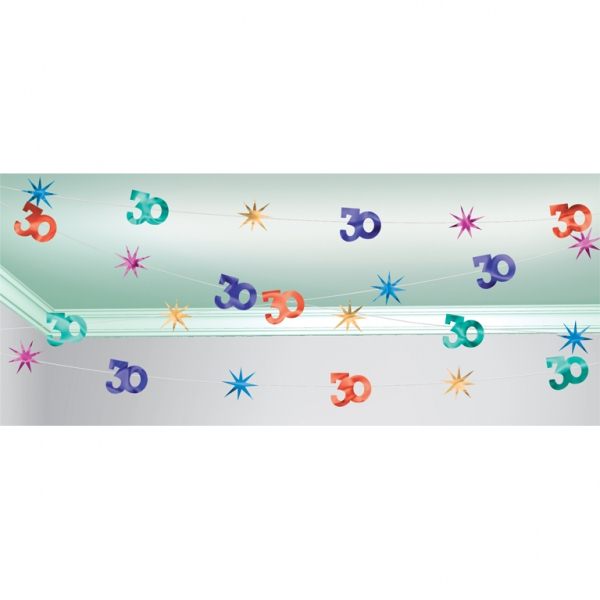 Vibrant 30m string decoration featuring colorful foil cut-out number 30 and stars, perfect for 30th birthday celebrations.