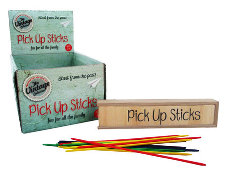 Vintage Pick-Up Sticks game set with 41 wooden sticks, 18cm each, perfect for family fun and skill-building.