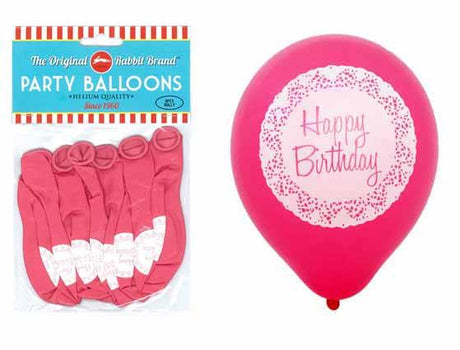 Happy Birthday balloons with elegant doily design, 32 pack, suitable for helium or air, ideal for festive celebrations.
