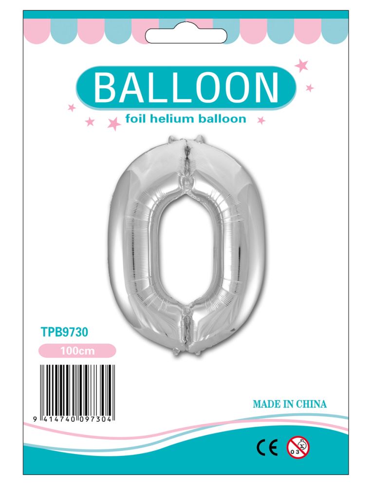 Silver Foil Number '0' Balloon, 100 cm, perfect for birthdays and events, featuring a dazzling metallic sheen.