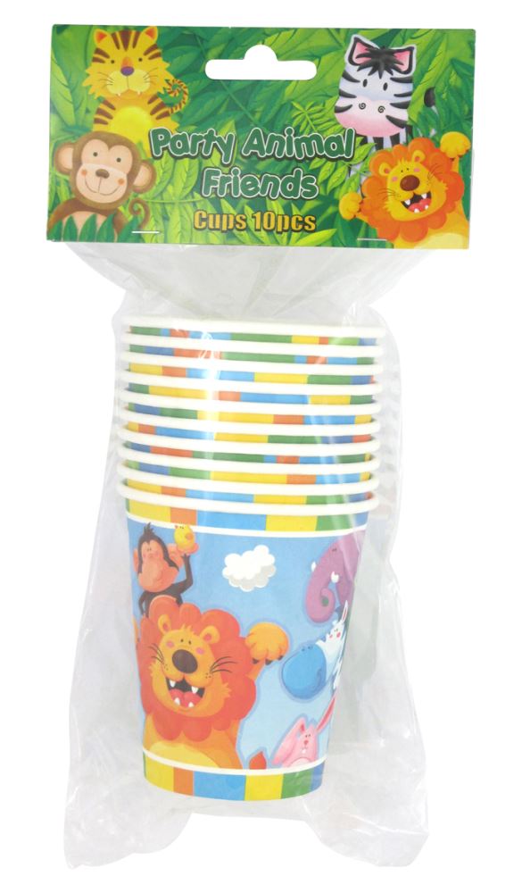 Colorful disposable animal-themed party cups, 260ml, pack of 10, perfect for kids' parties and family gatherings.