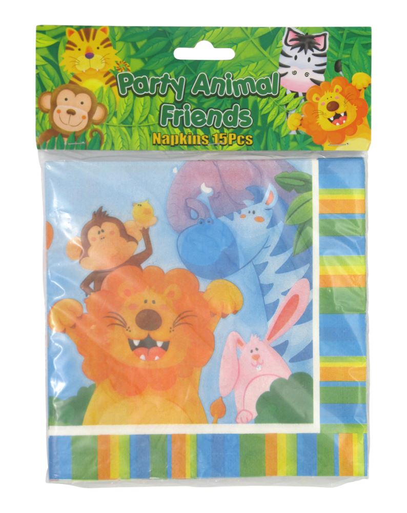 Vibrant animal-print party napkins, 33 x 33cm, pack of 15, perfect for kids' parties and themed events.