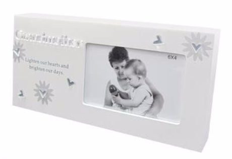 Elegant white wooden block picture frame for grandmothers, featuring laser-cut mirror details and thoughtful sentiments.