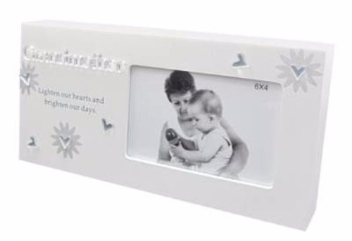 Elegant white wooden block picture frame for grandmothers, featuring laser-cut mirror details and thoughtful sentiments.
