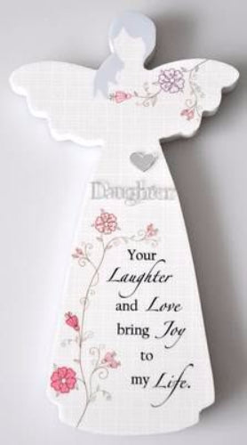 White wooden wall art plaque featuring an angel design, laser-cut mirror shapes, and heartfelt words for daughters.