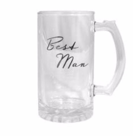 Elegant glass beer tankard for Best Man, featuring stylish typography and a 470ml capacity, packaged as a perfect wedding keepsake.