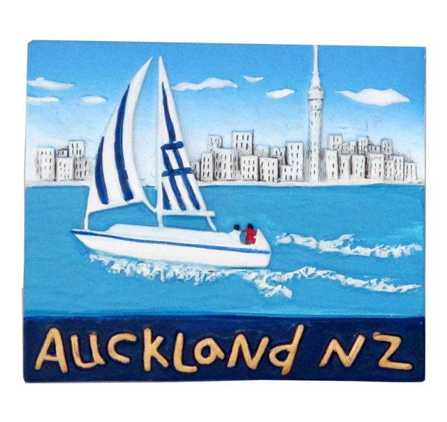 "Magnet featuring a vibrant yacht, symbolizing Auckland's maritime culture and New Zealand's coastal beauty."