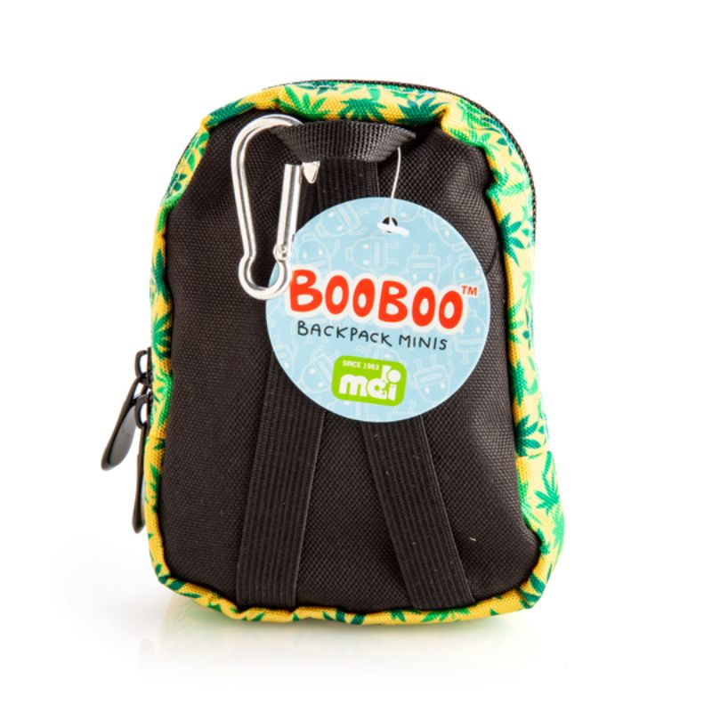 Bright yellow mini backpack with green weed leaf pattern, featuring elastic straps and a carabiner clip for versatile use.