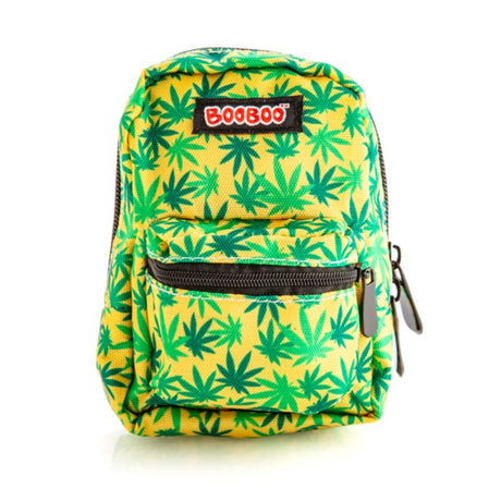 Bright yellow mini backpack with playful weed leaf pattern, featuring versatile straps and a carabiner for on-the-go style.
