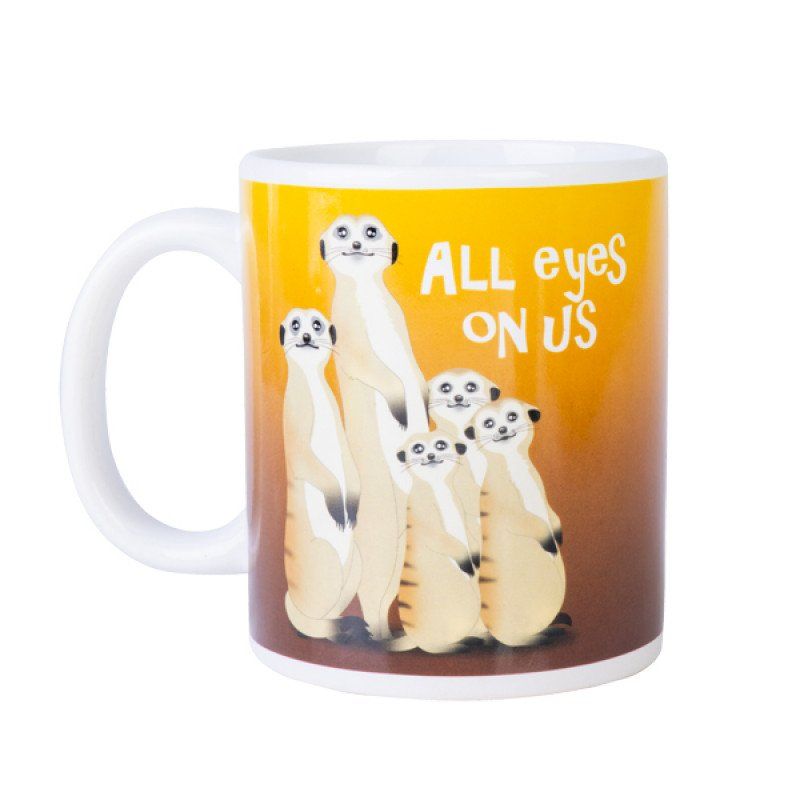 Ceramic coffee mug featuring a playful gang of meerkats, perfect for animal lovers; hand wash recommended.