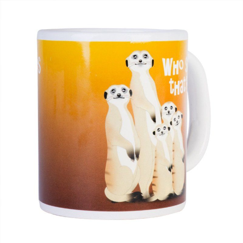 Charming ceramic coffee mug with playful meerkats, perfect for hot beverages and unique kitchen decor. Hand wash only.