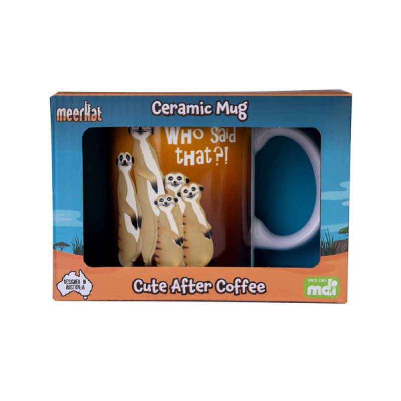 Ceramic coffee mug featuring a playful meerkat design, perfect for animal lovers and enjoying hot beverages.