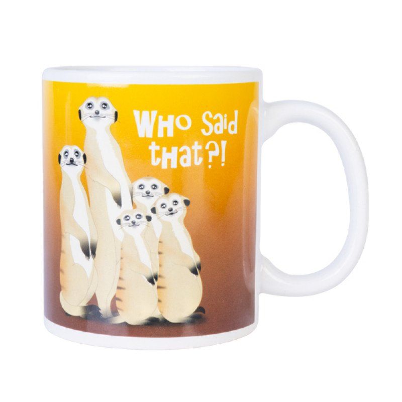 Charming ceramic coffee mug featuring a playful gang of meerkats, perfect for animal lovers and unique home decor.