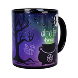 Ceramic coffee mug featuring a witches' cauldron and eerie night sky, 11.5cm tall, perfect for enchanting sips.