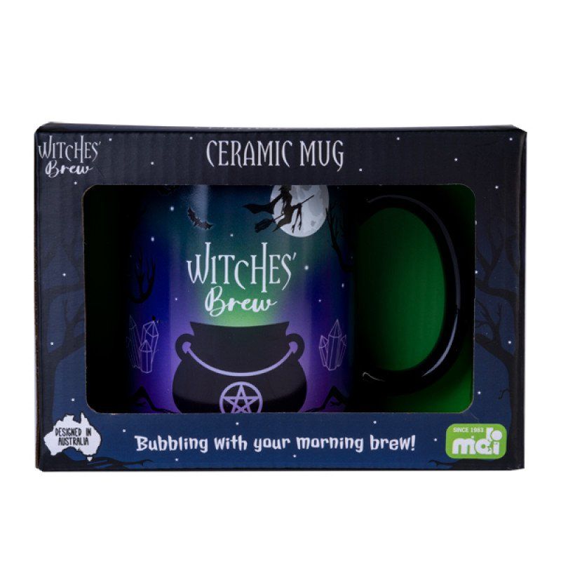 Ceramic Witches' Brew mug featuring a cauldron and night sky, perfect for enchanting coffee or decorative display.