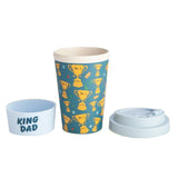 Eco to Go Bamboo Cup for dads, featuring 'No.1 Dad' trophies, blue design, 470 ml capacity, and anti-spill lid.