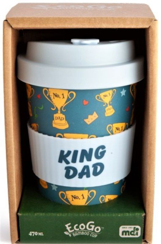 Eco-friendly bamboo cup for travel, featuring 'No.1 Dad' trophies on blue, with a secure lid and silicone grip.