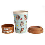 Eco to Go Bamboo Cup featuring cute puppies, light blue design, anti-spill lid, and silicone band—perfect for dog lovers.