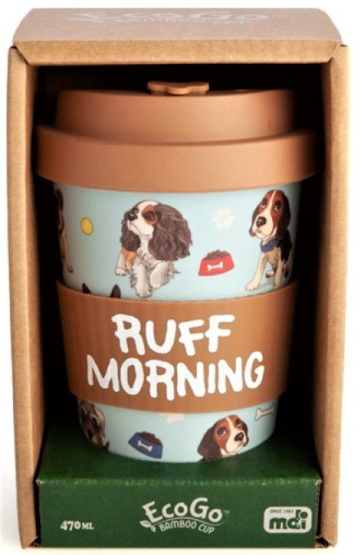 Eco-friendly bamboo cup for dog lovers with cute puppies design, 470 ml capacity, and anti-spill lid.