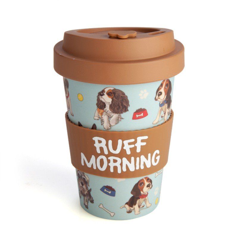 Eco-friendly bamboo coffee cup with cute puppies design and 'Ruff Morning' quote, perfect for dog lovers on the go.