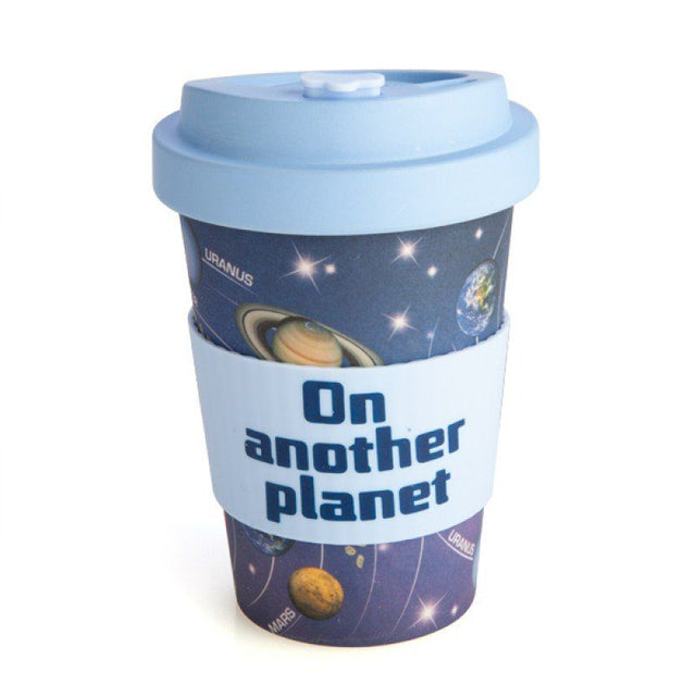 Eco to Go Bamboo Cup featuring solar system design, with anti-spill lid and silicone band, ideal for sustainable sipping.