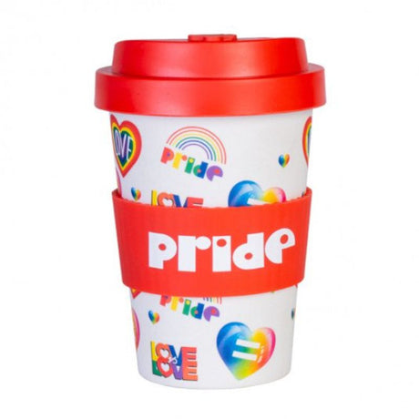 Eco-friendly bamboo travel cup decorated with rainbow pride motifs and a red anti-spill lid, 470ml capacity.