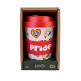 Eco-friendly bamboo travel cup featuring vibrant rainbow pride motifs, red anti-spill lid, and antibacterial finish, 470ml capacity.