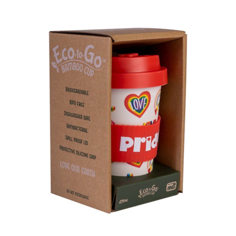 Eco-friendly bamboo cup with rainbow pride design, red lid, and silicone band; 470ml capacity for sustainable sipping.