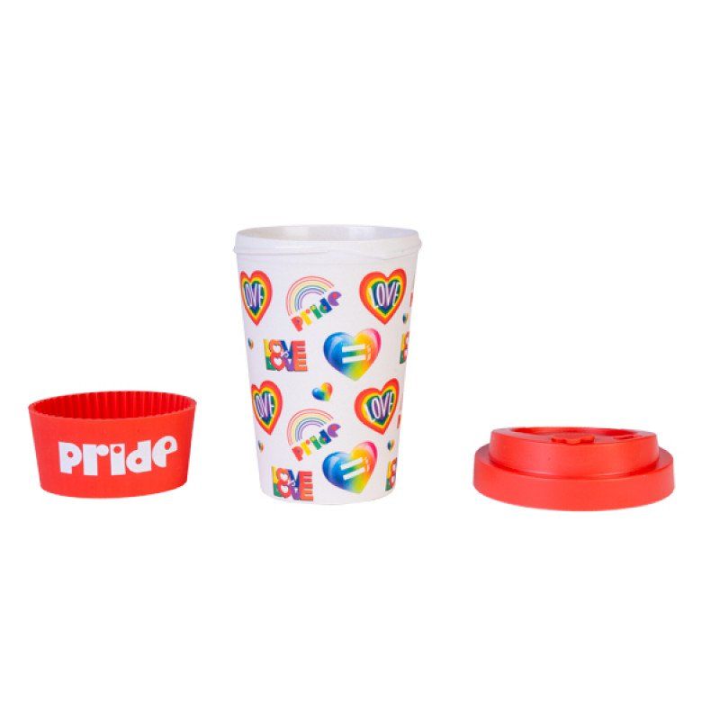 Eco-friendly 14cm bamboo cup featuring rainbow pride motifs, BPA-free, with anti-spill lid and silicone band.