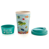 Eco to Go Bamboo Cup featuring vibrant sea animal design, anti-spill lid, and uplifting 'Seas the Day' quote for eco-conscious hydration.