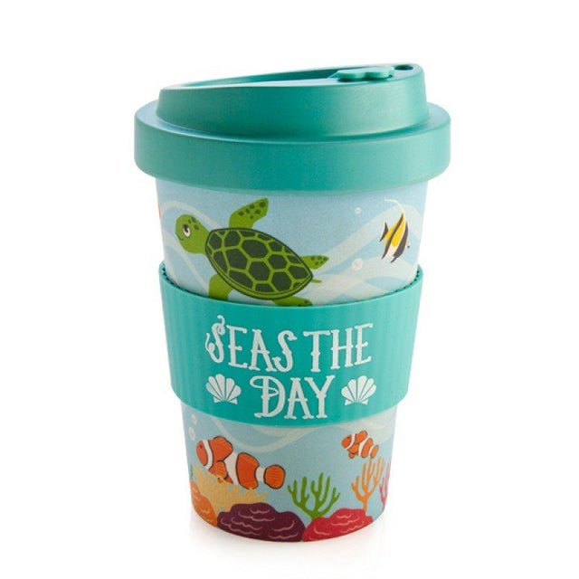 Eco to Go Bamboo Cup featuring vibrant sea animal design, anti-spill lid, and 'Seas the Day' quote for eco-conscious hydration.