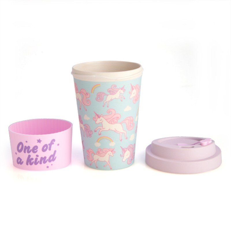 Eco to Go Bamboo Cup featuring unicorns and rainbows, with a pink anti-spill lid and silicone band for grip.