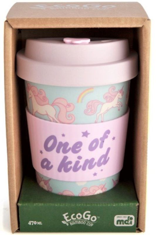 Eco-friendly bamboo cup featuring unicorns and rainbows, with a pink lid and silicone band for secure sipping.