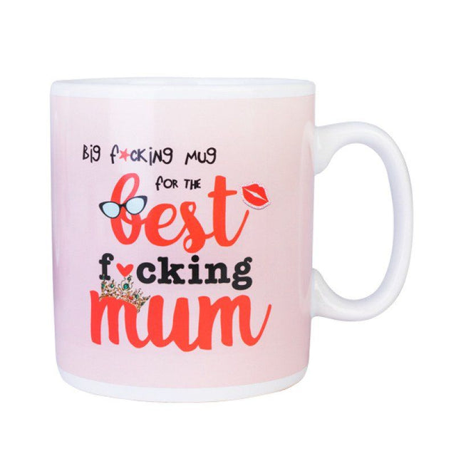 Giant ceramic mug for mothers, featuring "Best F*cking Mum" phrase, holds 900 ml, ideal for coffee lovers.