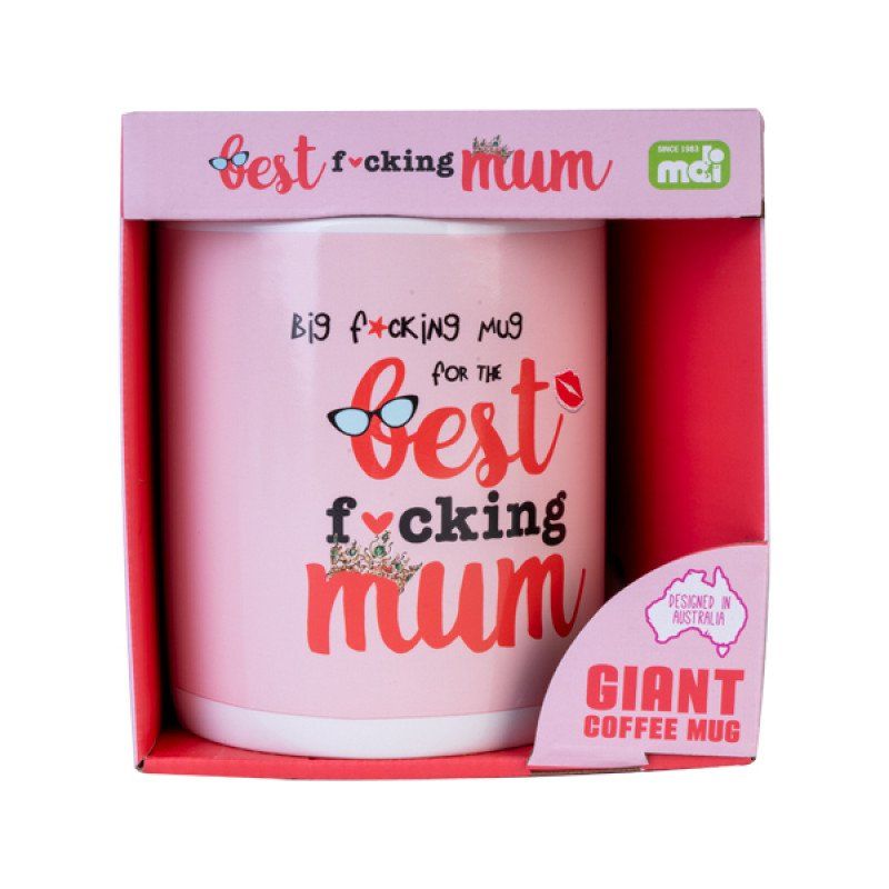 Giant ceramic mug with bold text "Best F*cking Mum," holds 900 ml for generous coffee or tea servings.