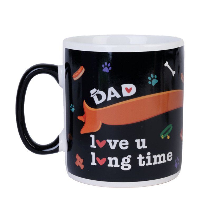 Oversized ceramic mug for dachshund dads, featuring 'Dad love u long time' and holds 900ml of coffee or tea.