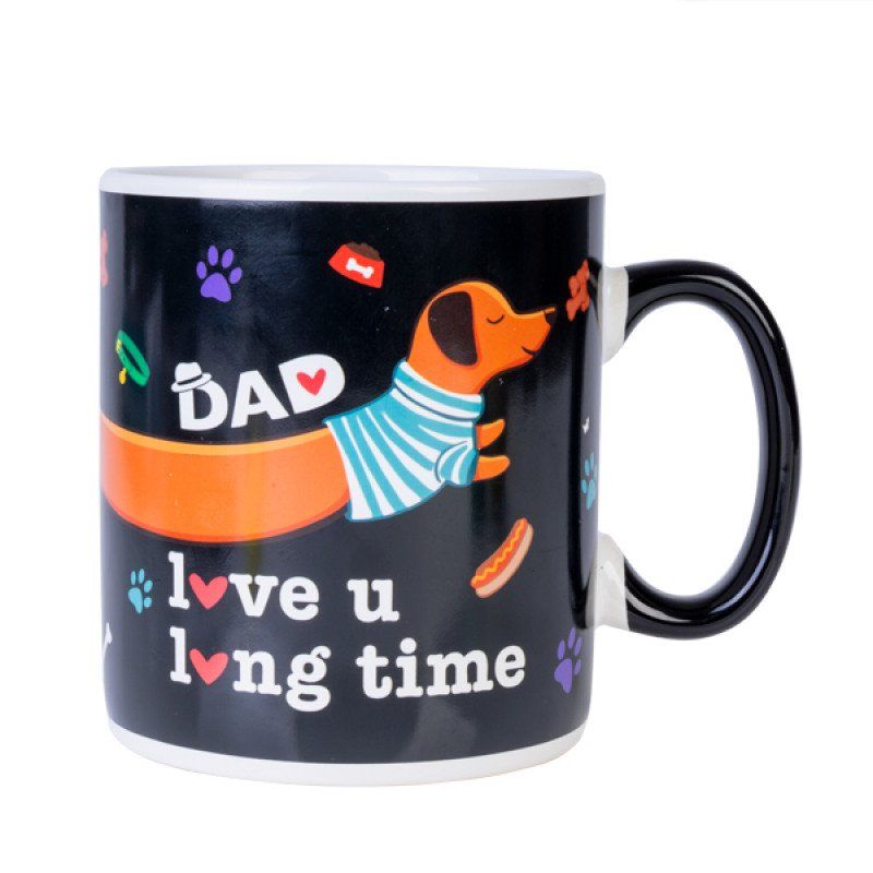 Giant ceramic mug for dachshund dads, featuring "Dad love u long time" and holds 900ml of coffee or soup.