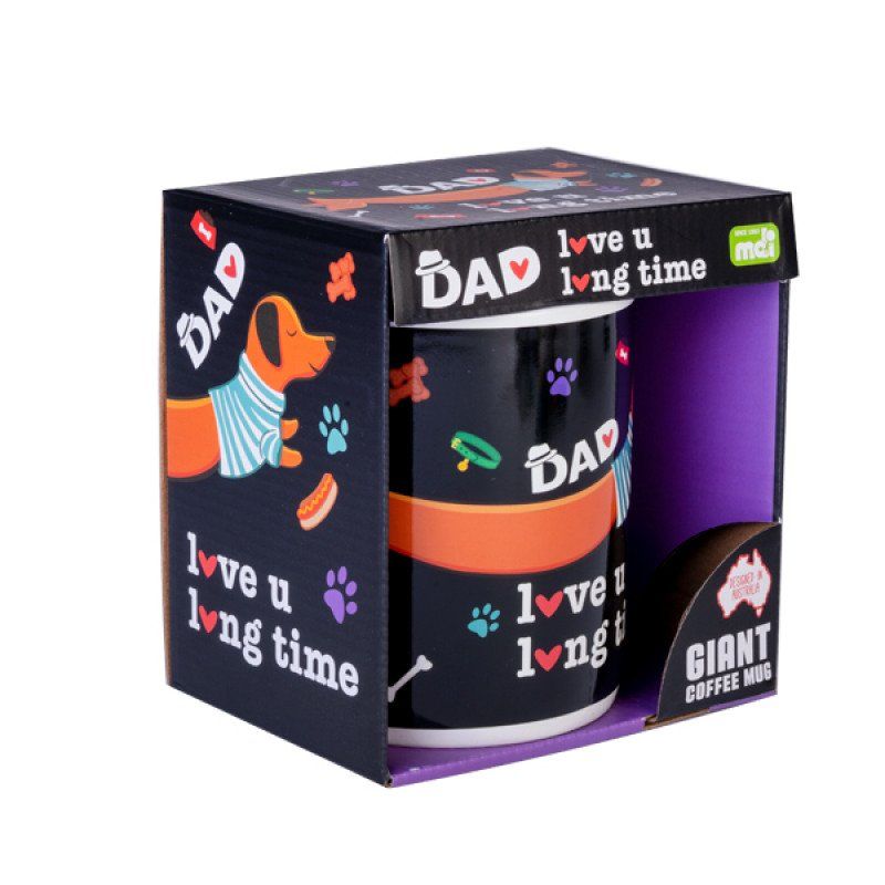 Giant ceramic mug for dachshund dads, featuring "Dad love u long time" and holds 900ml of coffee or tea.