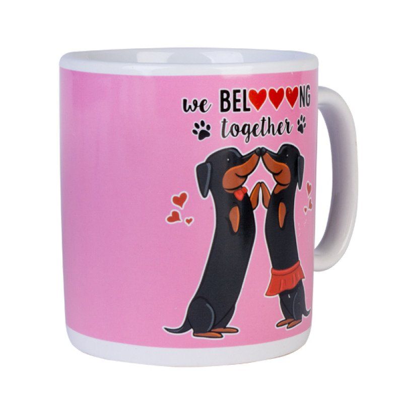 Oversized ceramic mug featuring two romantic dachshunds on a pink background, holds 900ml for coffee lovers.