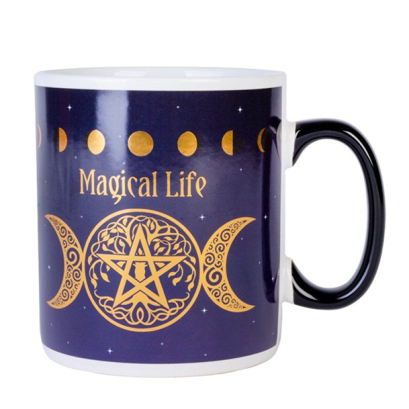 Giant Pentacle Mug holds 900ml; features gold moon phases with intricate pentacle, triple goddess, and tree of life designs.