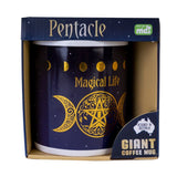 Giant Pentacle mug, 12.5cm tall, holds 900ml; features golden moon phases & intricate mystical symbols for coffee lovers.