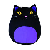 Plush black cat cushion, 25cm, super soft velour fabric, perfect for snuggling and home decor. Ideal gift for cat lovers.