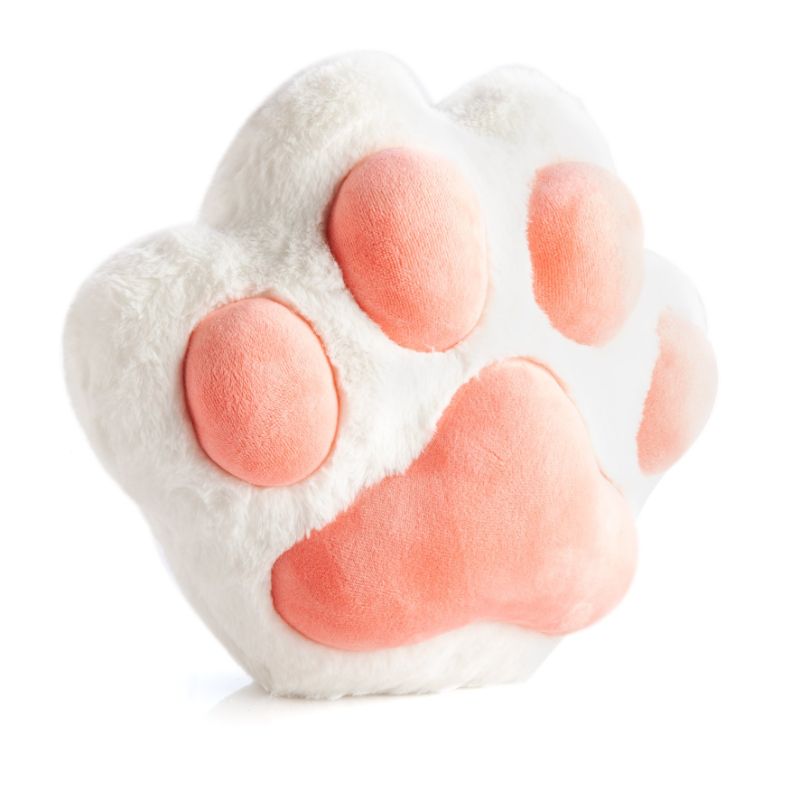 Adorable 25cm cat paw-shaped cushion in soft faux fur with 3D velour paw pads, perfect for cozy decor and cat lovers.